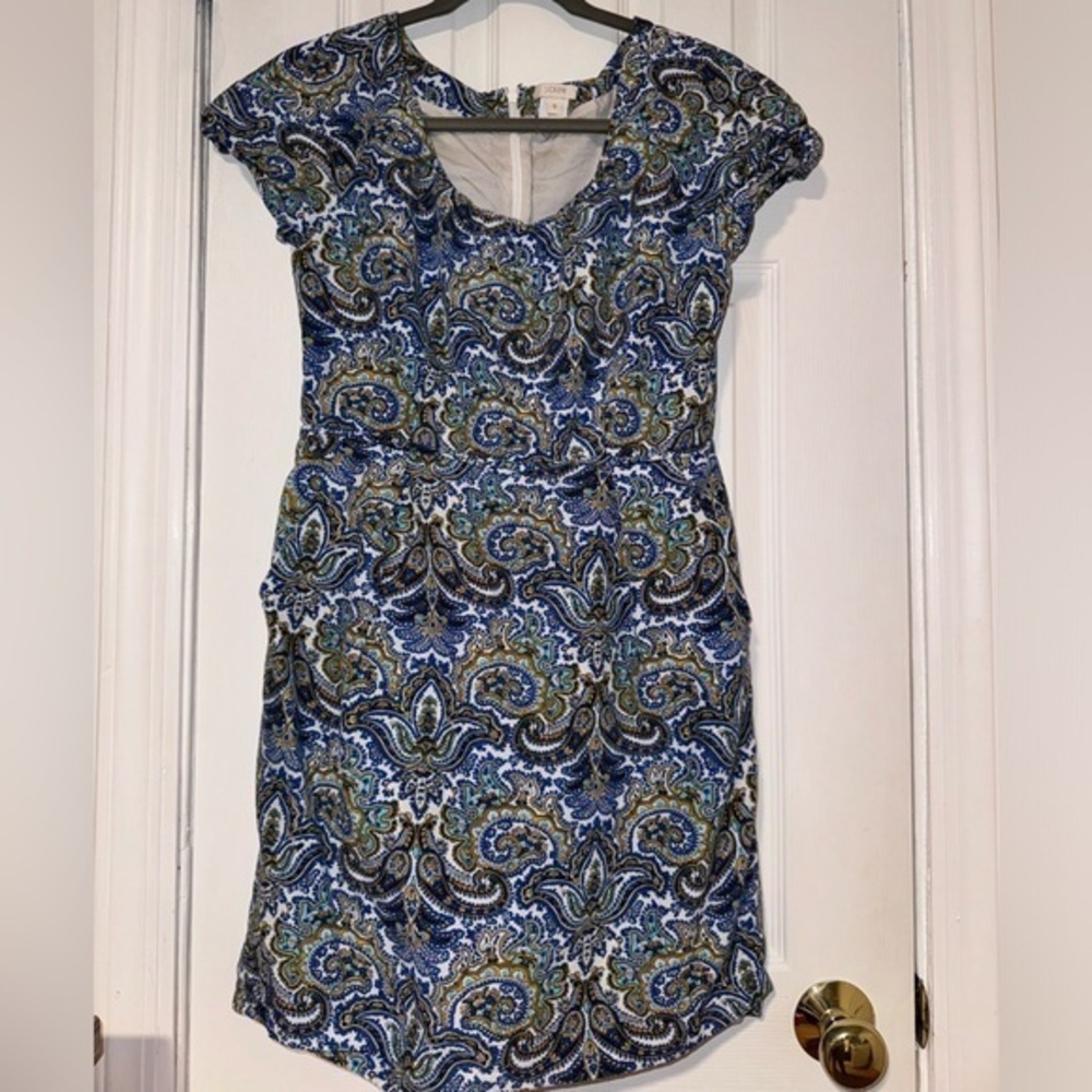 J.Crew Women’s Mini Dress, Short Sleeves, Side Pockets, Size 6, Blue Paisley‎
